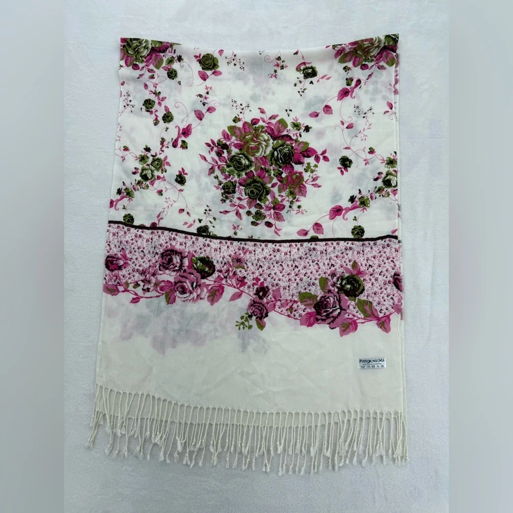 Pashmina ivory floral scarf with pink and green roses